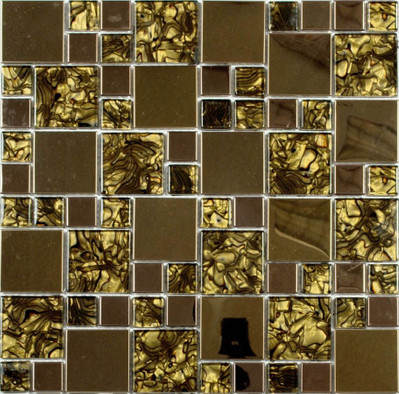 Мозаика MS-612 стекло+металл 30х30 см глянцевая чип 15х48 мм, золотой, коричневый