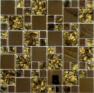 Мозаика MS-612 стекло+металл 30х30 см глянцевая чип 15х48 мм, золотой, коричневый