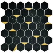 Мозаика Marble Mosaic Hexagon Nero Marquina Gold Pol камень 29.8х30.5 см полированная чип 48х48 мм, черный