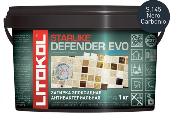 Затирка для плитки эпоксидная Litokol антибактериальная двухкомпонентная Starlike Defender Evo S.145 Nero Carbonio 1 кг 485620002