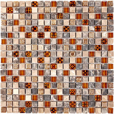 Мозаика из мрамора и стекла PIX720, чип 15x15 мм, сетка 300х300x8 мм глянцевая, коричневый, кремовый, серый
