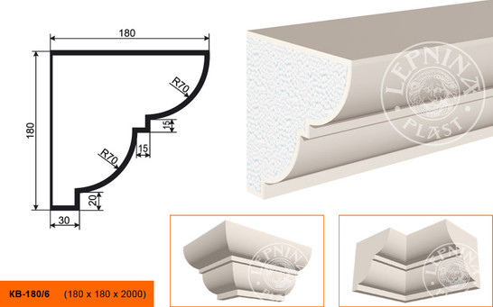 Лепнинапласт Карниз КВ-180/6 фасадный полистирол 2000х180х180 мм с покрытием эластичной шпатлёвкой PS-TechnoPlaster