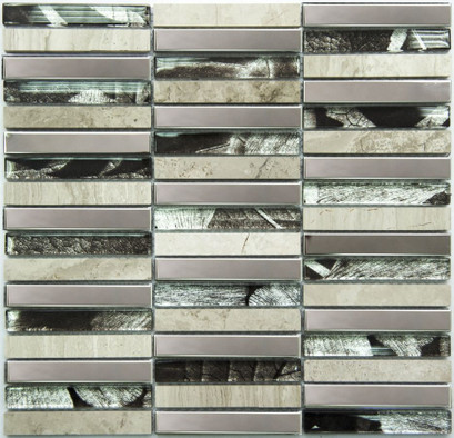 Мозаика MS-622 стекло+камень+металл 28.5х30 см глянцевая чип 15х98 мм, серый
