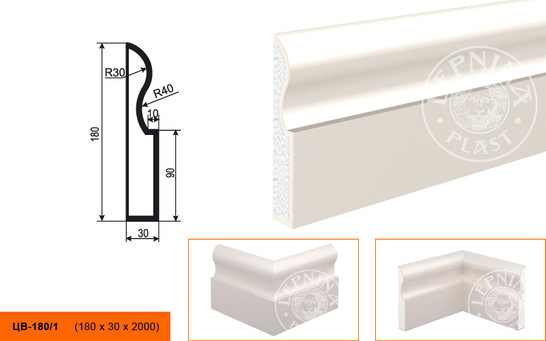 Лепнинапласт Молдинг цокольный ЦВ-180/1 фасадный полистирол 2000х180х30 мм с покрытием эластичной шпатлёвкой PS-TechnoPlaster