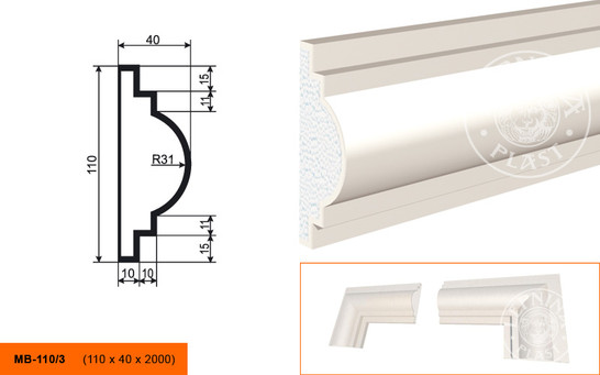 Лепнинапласт Молдинг МВ-110/3 (МС-113) фасадный полистирол 2000х110х40 мм с покрытием эластичной шпатлёвкой PS-TechnoPlaster