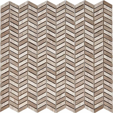 Мозаика из мрамора Shevron White Wooden, Athens Grey PIX288, чип 27x10 мм, сетка 298х307x8 мм глянцевая, бежевый