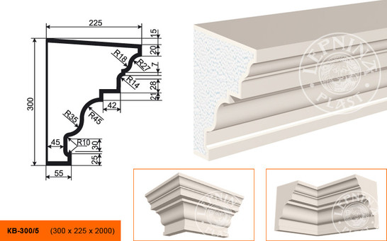 Лепнинапласт Карниз КВ-300/5 фасадный полистирол 2000х300х225 мм с покрытием эластичной шпатлёвкой PS-TechnoPlaster