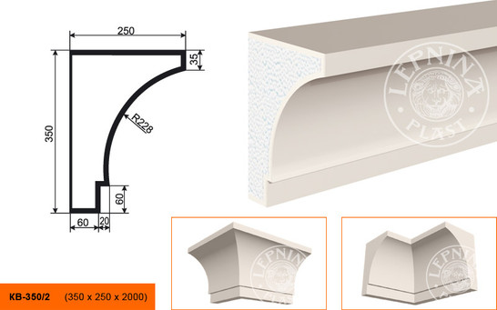 Лепнинапласт Карниз КВ-350/2 фасадный полистирол 2000х350х250 мм с покрытием эластичной шпатлёвкой PS-TechnoPlaster