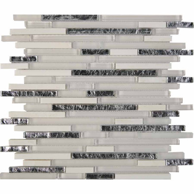 Мозаика из мрамора и стекла PIX728, чипы 10x48/98/148 мм, сетка 286х300x8 мм глянцевая, белый, серый