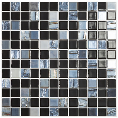 Мозаика Vidrepur Astra Black Mix (на сетке) стекло 31.7х31.7 см глянцевая, рельефная чип 25х25 мм, белый, серый, черный УТ-00000460