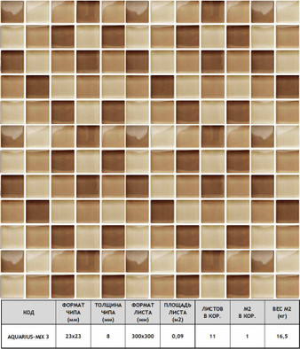 Мозаика Aquarius-mix-3 стекло+камень 30х30 см прозрачная чип 23х23 мм, бежевый, коричневый