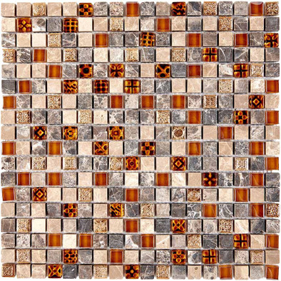 Мозаика из мрамора и стекла PIX720, чип 15x15 мм, сетка 300х300x8 мм глянцевая, коричневый, кремовый, серый