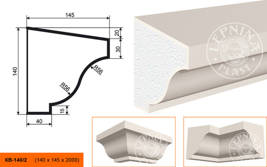 Лепнинапласт Карниз КВ-140/2 фасадный полистирол 2000х140х145 мм с покрытием эластичной шпатлёвкой PS-TechnoPlaster