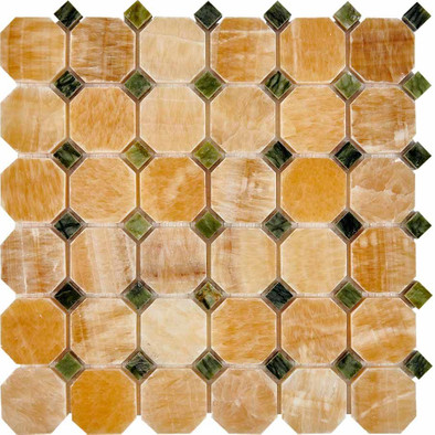 Мозаика из оникса и мрамора Honey Onyx, Dondong PIX210, чип 48x48 мм, сетка 305х305x8 мм глянцевая,  желтый, зеленый