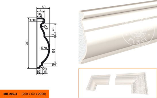 Лепнинапласт Молдинг МВ-200/3 фасадный полистирол 2000х200х50 мм с покрытием эластичной шпатлёвкой PS-TechnoPlaster