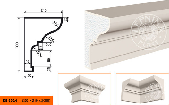 Лепнинапласт Карниз КВ-300/4 фасадный полистирол 2000х300х210 мм с покрытием эластичной шпатлёвкой PS-TechnoPlaster