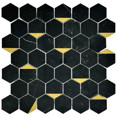 Мозаика Marble Mosaic Hexagon Nero Marquina Gold Pol камень 29.8х30.5 см полированная чип 48х48 мм, черный