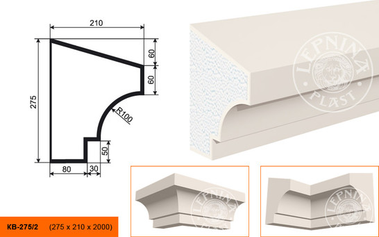 Лепнинапласт Карниз КВ-275/2 фасадный полистирол 2000х275х210 мм с покрытием эластичной шпатлёвкой PS-TechnoPlaster