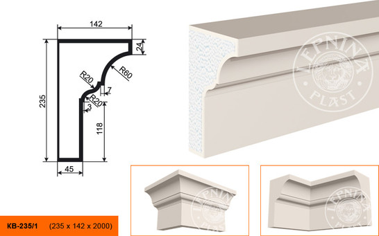 Лепнинапласт Карниз КВ-235/1 фасадный полистирол 2000х235х142 мм с покрытием эластичной шпатлёвкой PS-TechnoPlaster