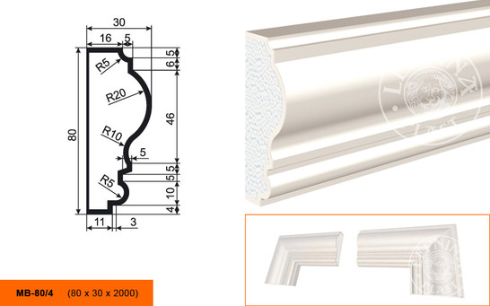 Лепнинапласт Молдинг МВ-80/4 фасадный полистирол 2000х80х30 мм с покрытием эластичной шпатлёвкой PS-TechnoPlaster