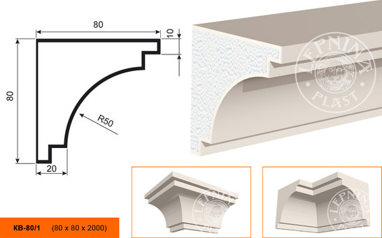 Лепнинапласт Карниз КВ-80/1 фасадный полистирол 2000х80х80 мм с покрытием эластичной шпатлёвкой PS-TechnoPlaster