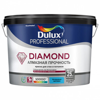 Dulux Diamond / Дюлакс Даймонд алмазная прочность краска для стен и потолков, износостойкая, матовая, база BW (9 л)
