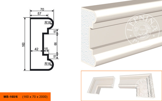 Лепнинапласт Молдинг МВ-160/6 (МС-131) фасадный полистирол 2000х160х70 мм с покрытием эластичной шпатлёвкой PS-TechnoPlaster
