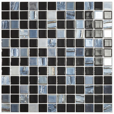 Мозаика Vidrepur Astra Black Mix (на сетке) стекло 31.7х31.7 см глянцевая, рельефная чип 25х25 мм, белый, серый, черный УТ-00000460