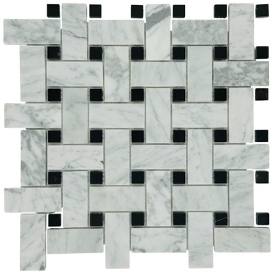 Мозаика Marble Mosaic Basket Weave Bianco Pol камень 30.5х30.5 см полированная чип 30x60+15х15 мм, черный, серый, белый