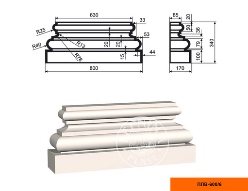 Лепнинапласт Пилястра ПЛВ-600/6 (база) фасадная полистирол 800х340х170 мм