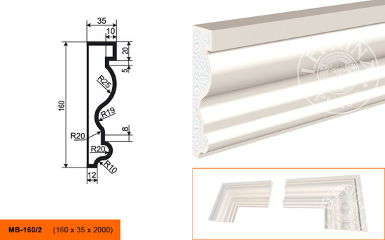 Лепнинапласт Молдинг МВ-160/2 фасадный полистирол 2000х160х35 мм с покрытием эластичной шпатлёвкой PS-TechnoPlaster