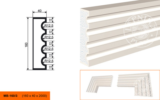 Лепнинапласт Молдинг МВ-160/3 ( МС-163) фасадный полистирол 2000х160х40 мм с покрытием эластичной шпатлёвкой PS-TechnoPlaster