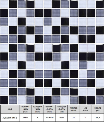 Мозаика Aquarius-mix-2 стекло+камень 30х30 см прозрачная чип 23х23 мм, голубой, серый, черный