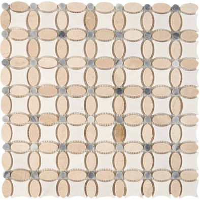 Мозаика из мрамора Cream Marfil, Thassos White, Athens Grey PIX281, чип 32x32 мм, сетка 336х336x8 мм глянцевая, бежевый, белый, серый