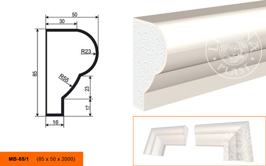 Лепнинапласт Молдинг МВ-85/1 (МС-104) фасадный полистирол 2000х85х50 мм с покрытием эластичной шпатлёвкой PS-TechnoPlaster