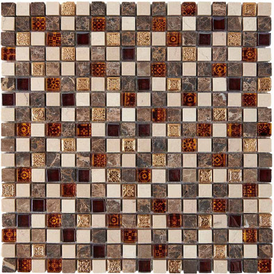 Мозаика из мрамора и стекла PIX721, чип 15x15 мм, сетка 300х300x8 мм глянцевая, белый, коричневый, серый