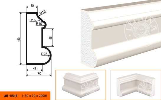 Лепнинапласт Молдинг цокольный ЦВ-150/3 фасадный полистирол 2000х150х70 мм с покрытием эластичной шпатлёвкой PS-TechnoPlaster
