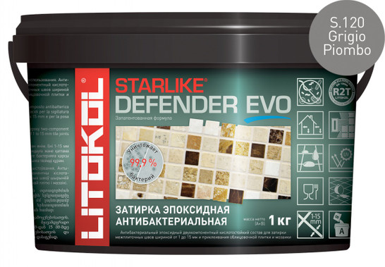 Затирка для плитки эпоксидная Litokol антибактериальная двухкомпонентная Starlike Defender Evo S.120 Grigio Piombo 1 кг 485580002