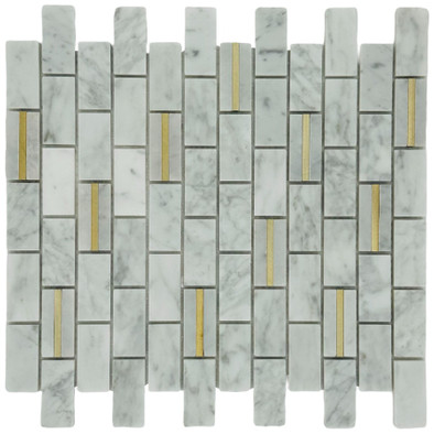 Мозаика Marble Mosaic Princess Pol камень 27.5х30 см полированная чип 23х48 мм, белый, золотой, серый