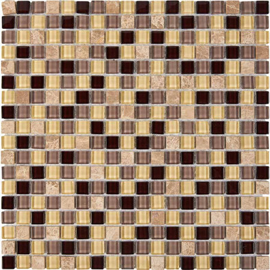 Мозаика из мрамора и стекла PIX724, чип 15x15 мм, сетка 300х300x4 мм глянцевая и матовая, желтый, коричневый, черный