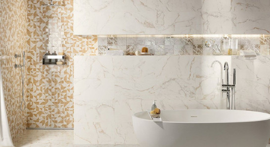 Мозаика Roma Gold Calacatta Delicato Leaves Mosaico-25,9x30,9 керамика глянцевая, бежевый, белый 36975 фото Мозаика Roma Gold Calacatta Delicato Leaves Mosaico-25,9x30,9 керамика глянцевая, бежевый, белый 36975