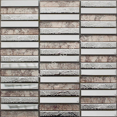 Мозаика MS-621 стекло+металл 28.8х29.8 см матовая чип 15х98 мм, розовый, серый